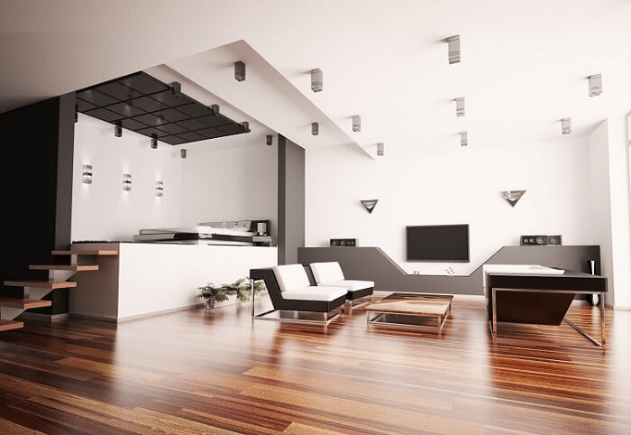 Phòng khách đơn giản, hiện đại nhờ kết hợp trần thạch cao với sàn giả gỗ