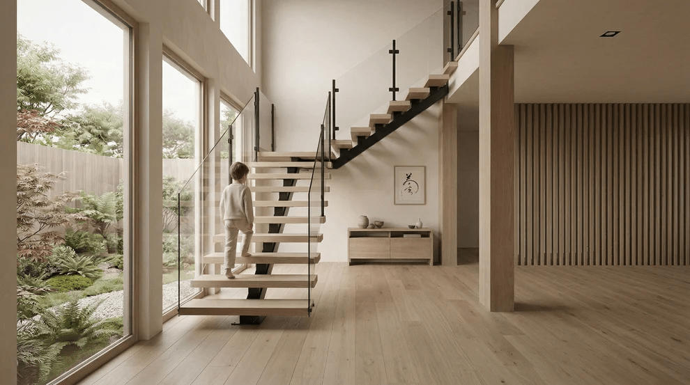 Cầu thang 1 chiếu nghỉ giúp dừng chân khi di chuyển lên tầng 2