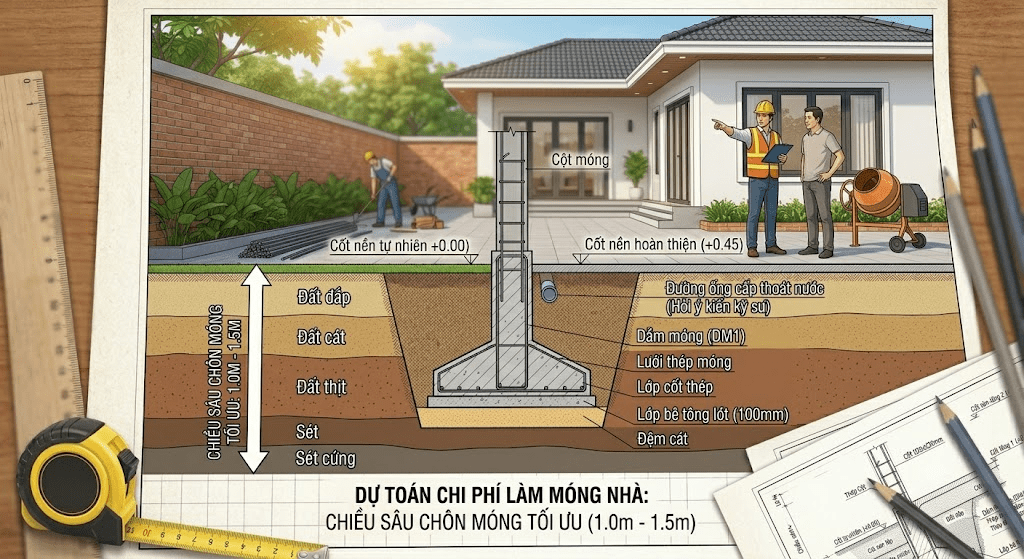 Chiều sâu chôn móng tối ưu thường dao động từ 1.0m - 1.5m