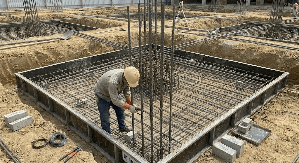 Đặt thép chờ cột chính xác khi thi công móng đơn nhà 2 tầng