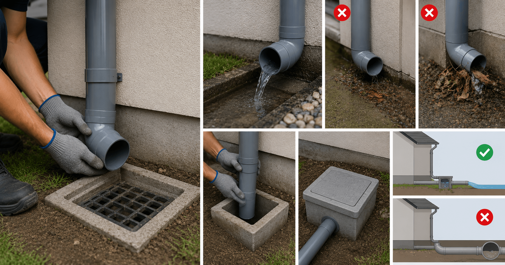 Đầu xả cần được đấu nối đúng vị trí để nước mưa thoát nhanh và thông thoáng