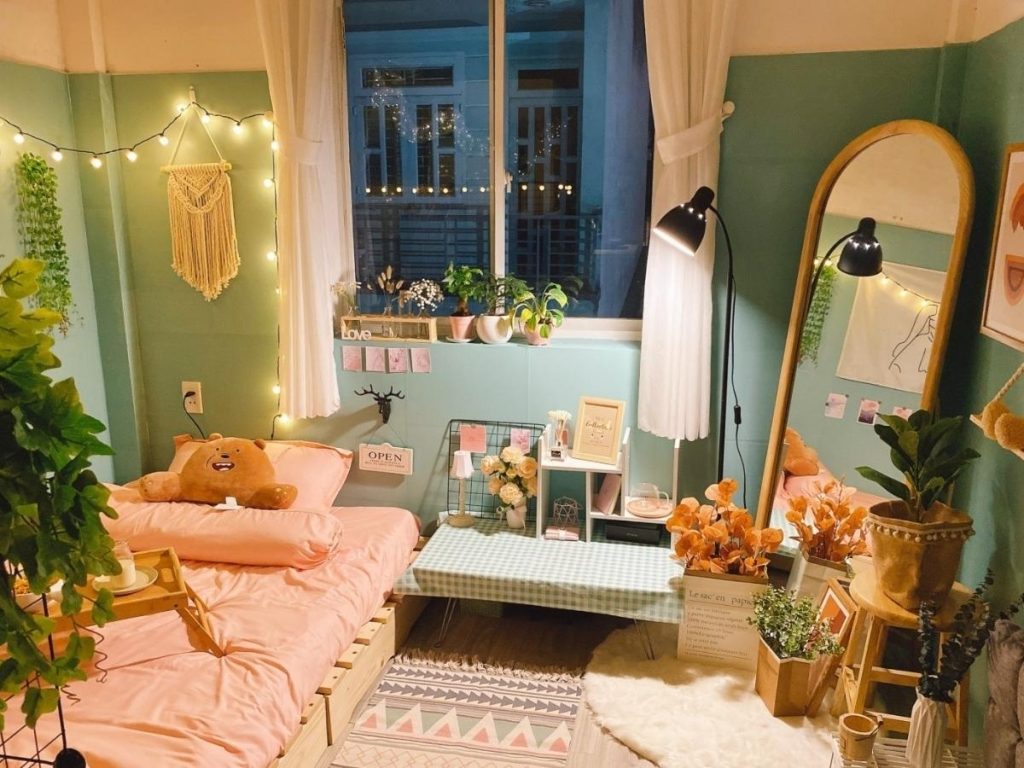 Decor phòng trọ vintage cổ điển với tone xanh