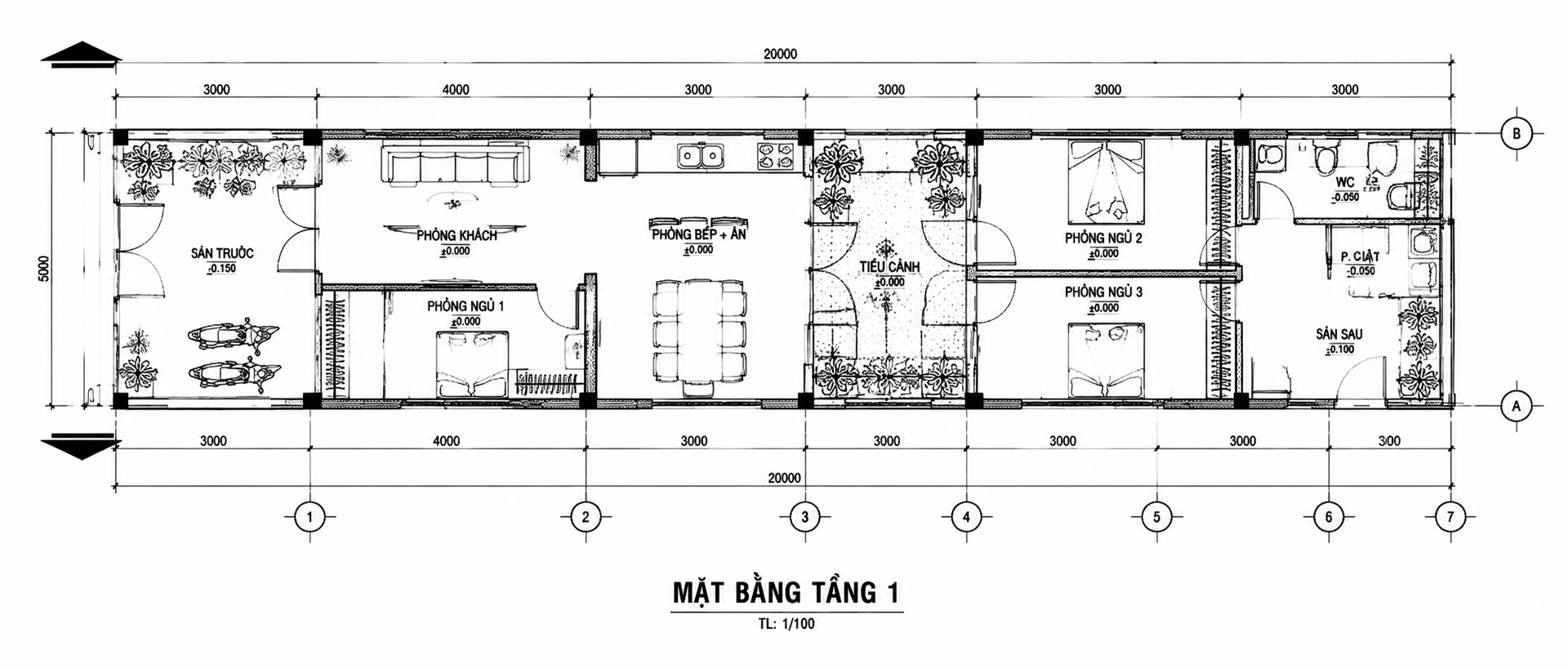 Gợi ý bản vẽ nhà cấp 4 đẹp 5x20 với giếng trời và khu tiểu cảnh ở giữa nhà giúp tăng khả năng thoáng khí và ánh sáng