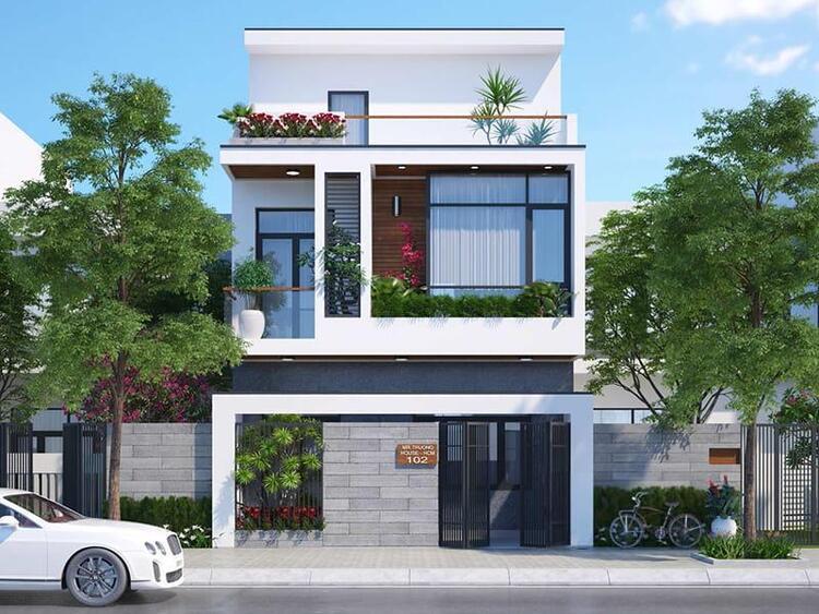 Gợi ý mẫu nhà ống 3 tầng đẹp với mặt tiền 6m cùng phối cảnh cây xanh