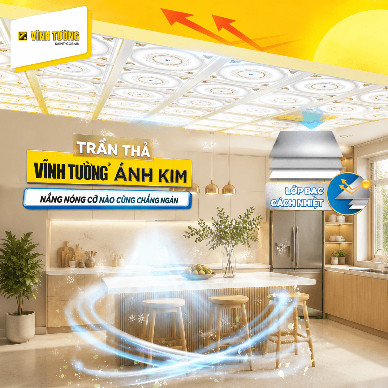 Hệ giải pháp trần thạch cao Vĩnh Tường Siêu Bền X góp phần tạo không gian phòng bếp bền đẹp (Nguồn: Vĩnh Tường)