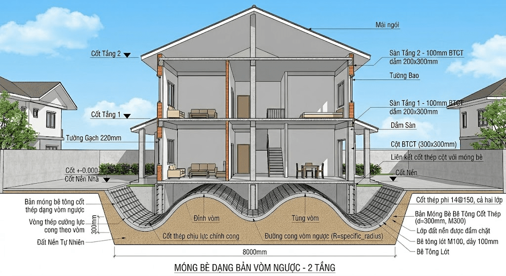 Hệ móng bè dạng bản vòm ngược phù hợp với các vị trí đất có độ ẩm ướt cao