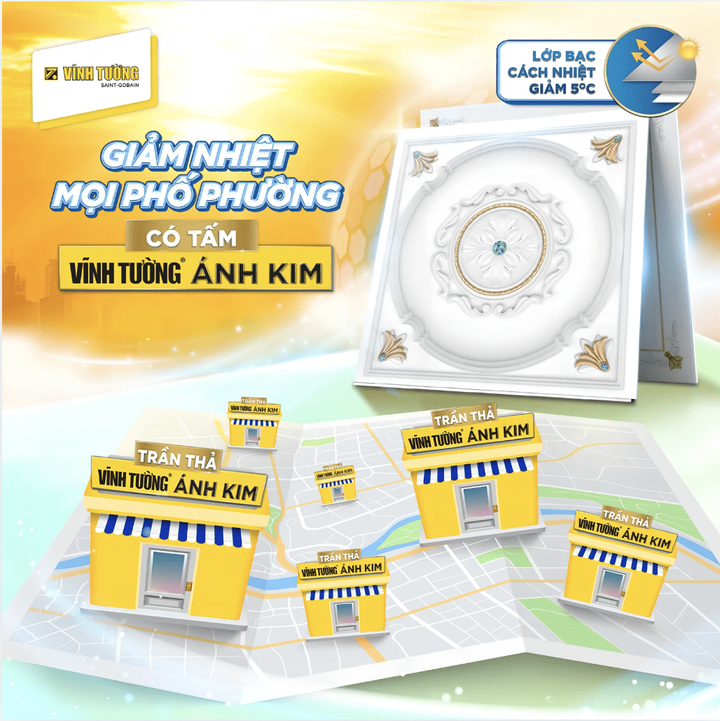 Hệ trần thả Vĩnh Tường Ánh Kim sở hữu lớp bạc giảm nhiệt đến 5 độ C