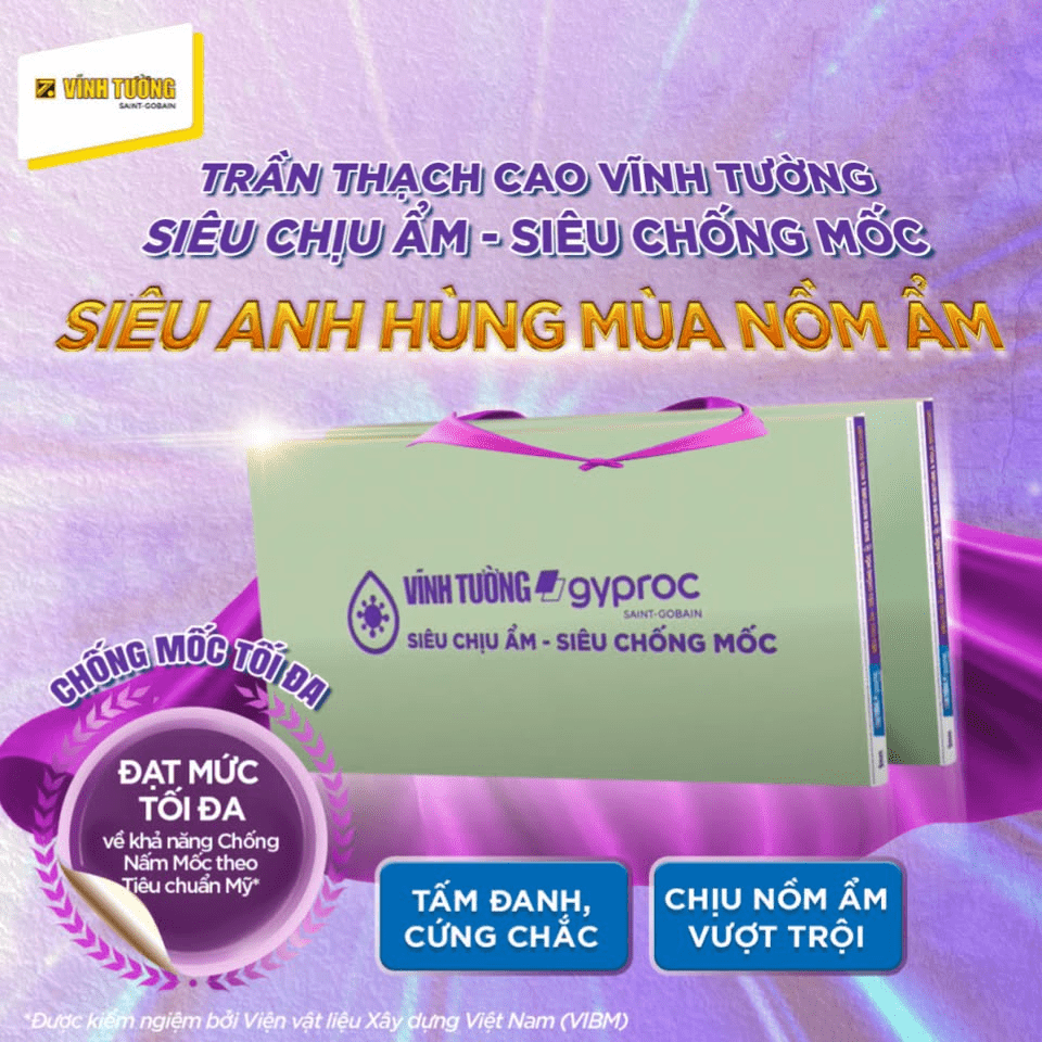 Hệ trần/vách thạch cao chịu ẩm Vĩnh Tường giúp tăng độ bền cho các khu vực có độ ẩm cao sau khi hệ thống thoát nước được xử lý đúng kỹ thuật