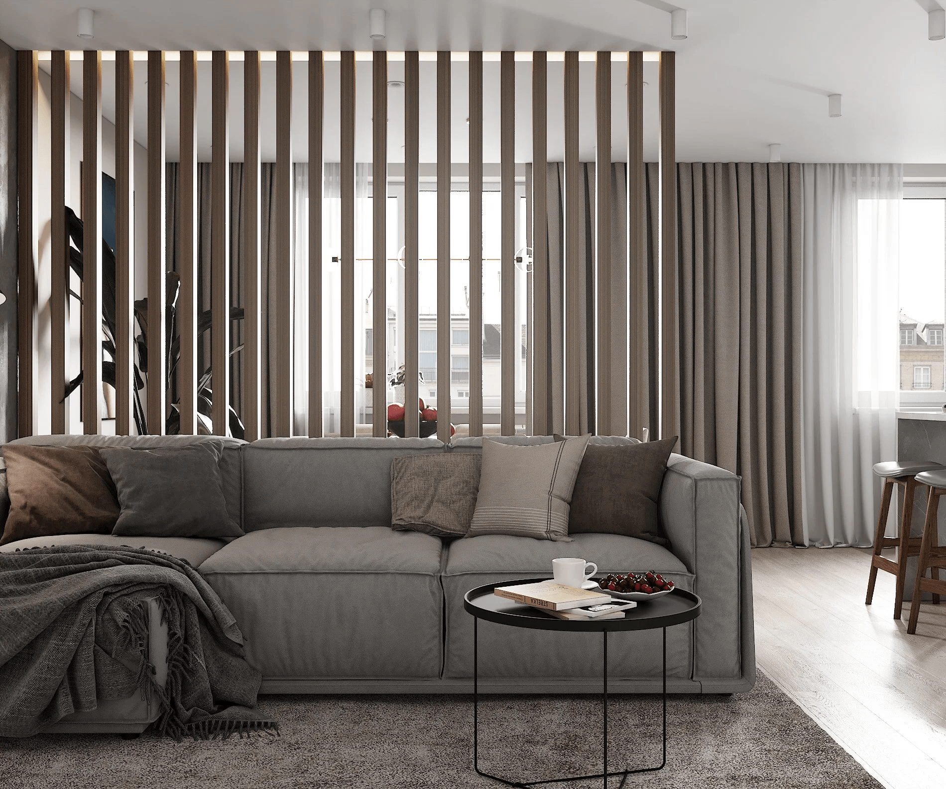 Hệ vách gỗ công nghiệp vân sáng cho phòng khách hiện đại