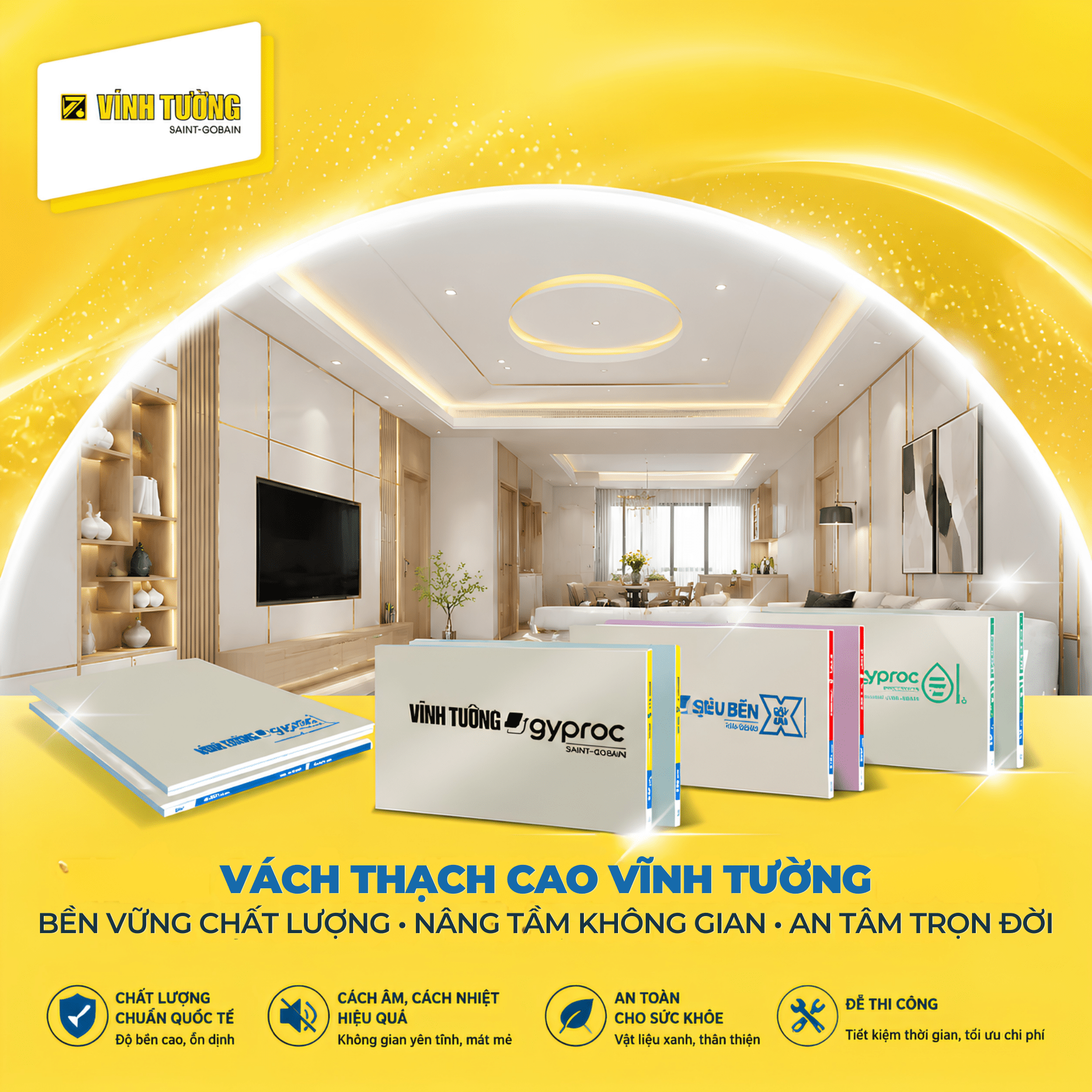 Hệ vách thạch cao Vĩnh Tường giúp phân chia không gian linh hoạt và hạn chế tải trọng bổ sung cho công trình 