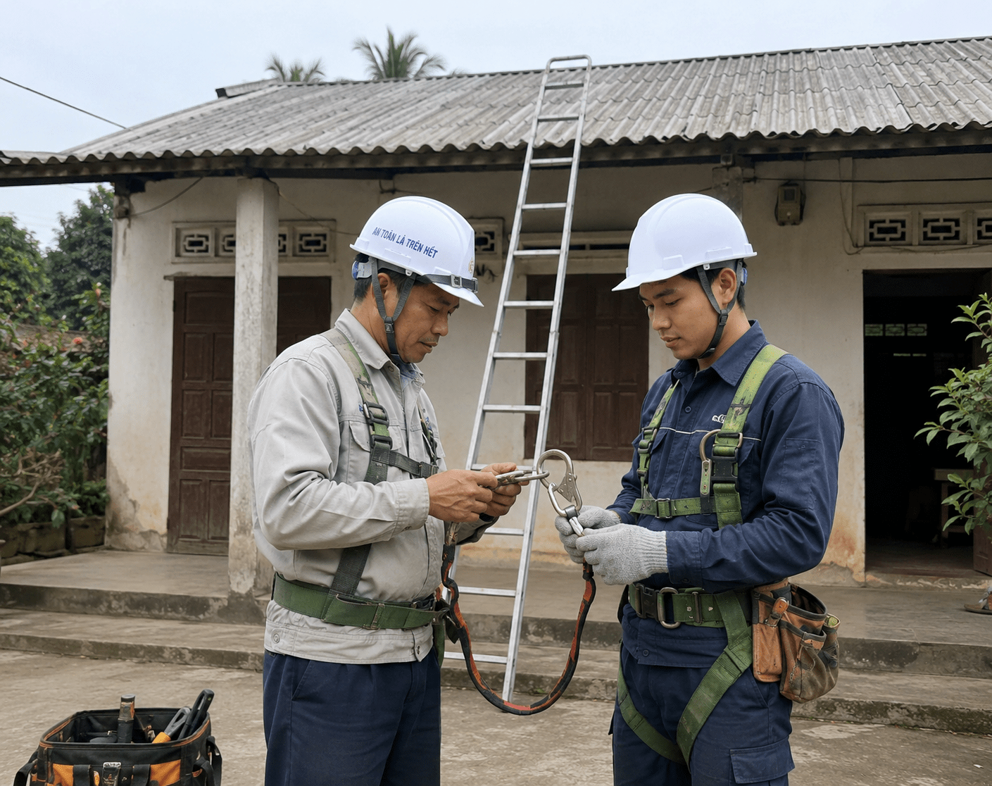 Khi gia cố mái tôn sử dụng thang, giày chống trượt và dây bảo hộ để làm việc trên mái an toàn hơn