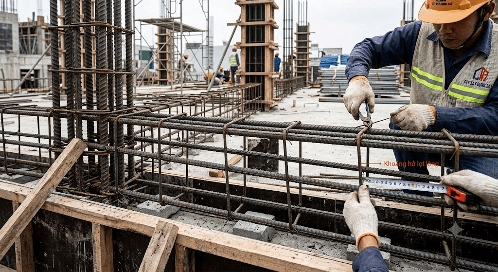 Khoảng hở cốt thép trong dầm lớp trên phải đạt tối thiểu từ 30mm