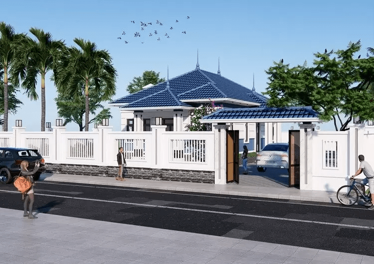 Khu vực cổng chính được xây dựng đơn giản, sang trọng, cùng gam màu với nhà chính
