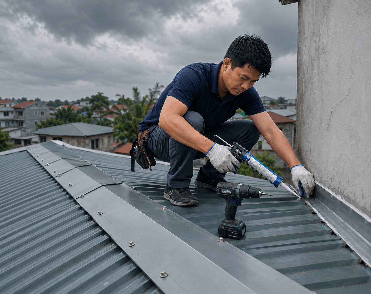 Khu vực nóc, nẹp che và chỗ mái gặp tường được làm sạch, siết lại và trám kín các khe hở nhỏ