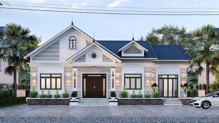 Kiểu thiết kế nhà 1 tầng mái Thái quen thuộc, xây dựng thêm một cửa phụ để thuận tiện cho việc sinh hoạt hàng ngày