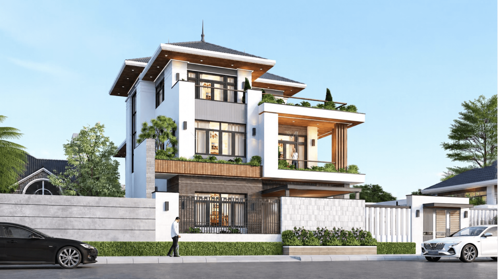 Mặt bằng 3 tầng phân bổ công năng theo mức độ riêng tư, đồng thời cần chú ý vị trí cầu thang và khoảng lấy sáng