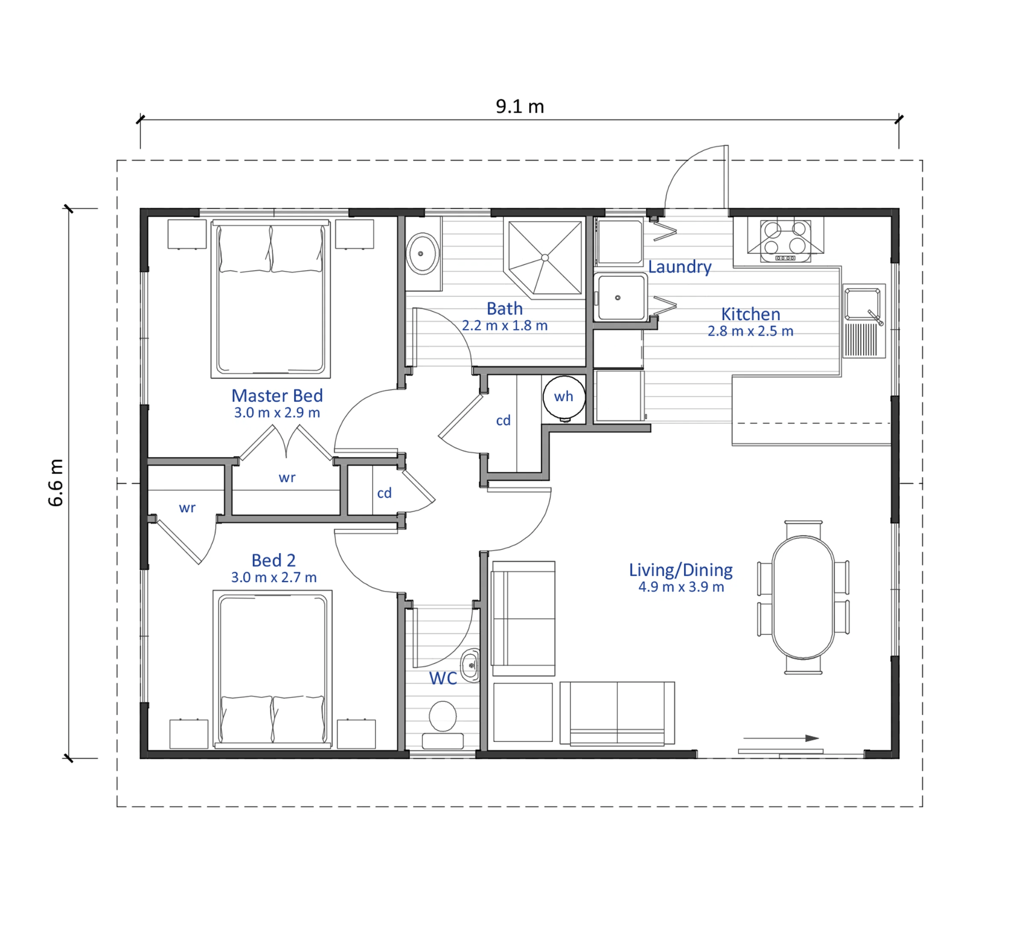 Mặt bằng công năng mẫu nhà cấp 4 mái Thái 60m2