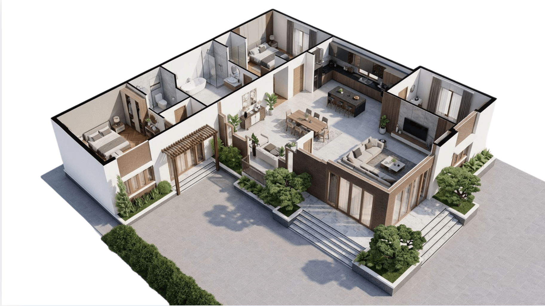 Mặt bằng công năng nhà cấp 4 chữ L mái Nhật