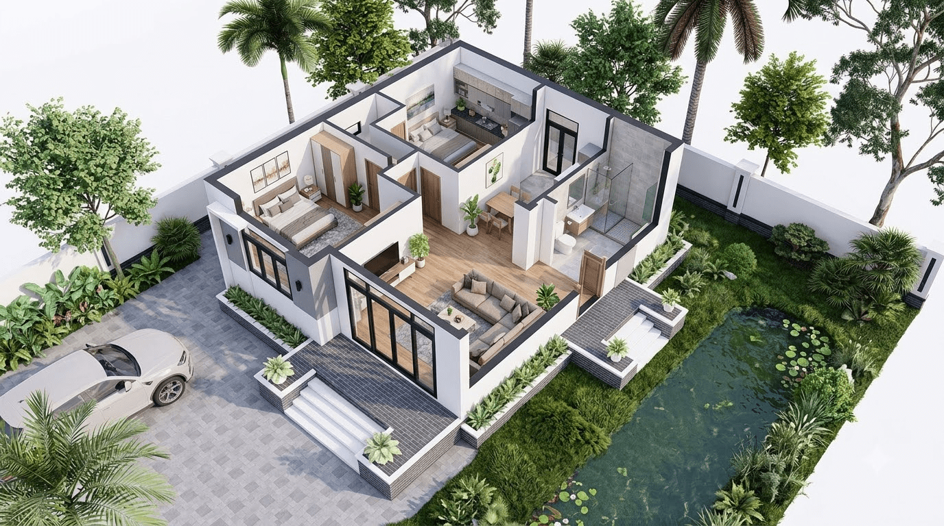 Mặt bằng công năng nhà mái Nhật 1 tầng đẹp, xu hướng