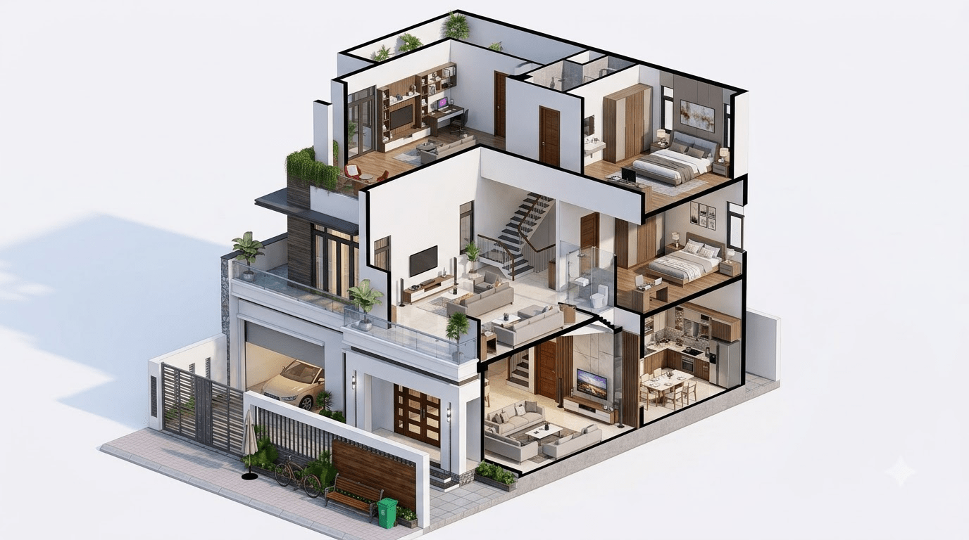 Mặt bằng công năng nhà mái Nhật 3 tầng phù hợp với gia đình cần tăng diện tích sử dụng trên khu đất hạn chế