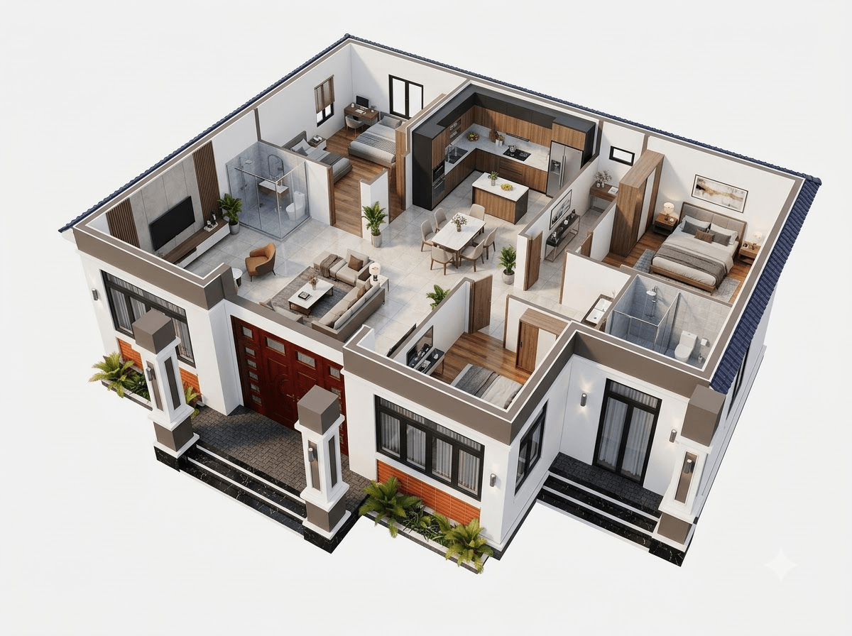 Mặt bằng công năng nhà mái Nhật 4 phòng ngủ đẹp, phù hợp cho gia đình 4-8 người