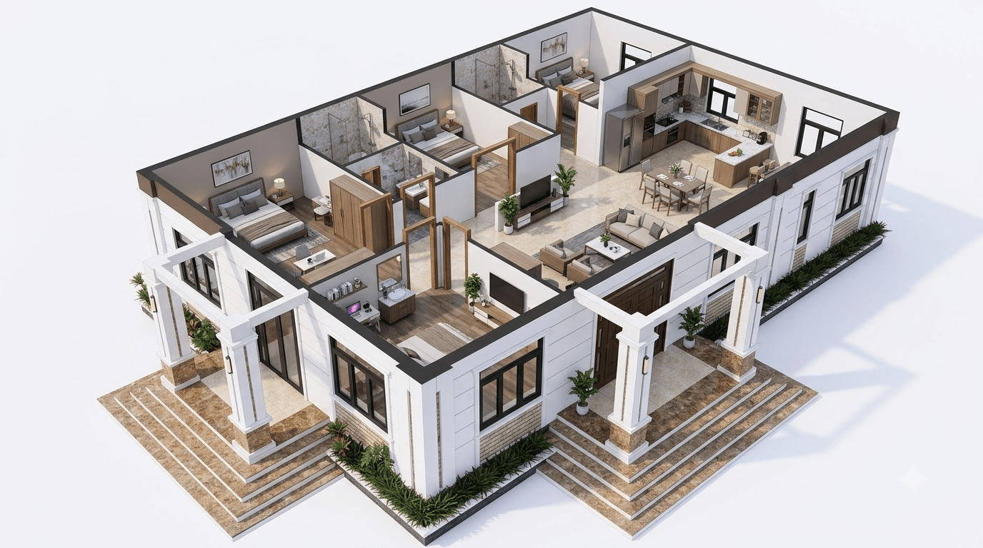 Mặt bằng công năng nhà mái Nhật đơn giản sử dụng hình khối gọn và hạn chế chi tiết trang trí