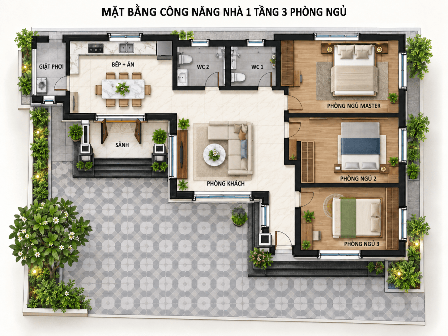 Mặt bằng công năng tham khảo cho nhà cấp 4 mái Thái 3 phòng ngủ ở nông thôn