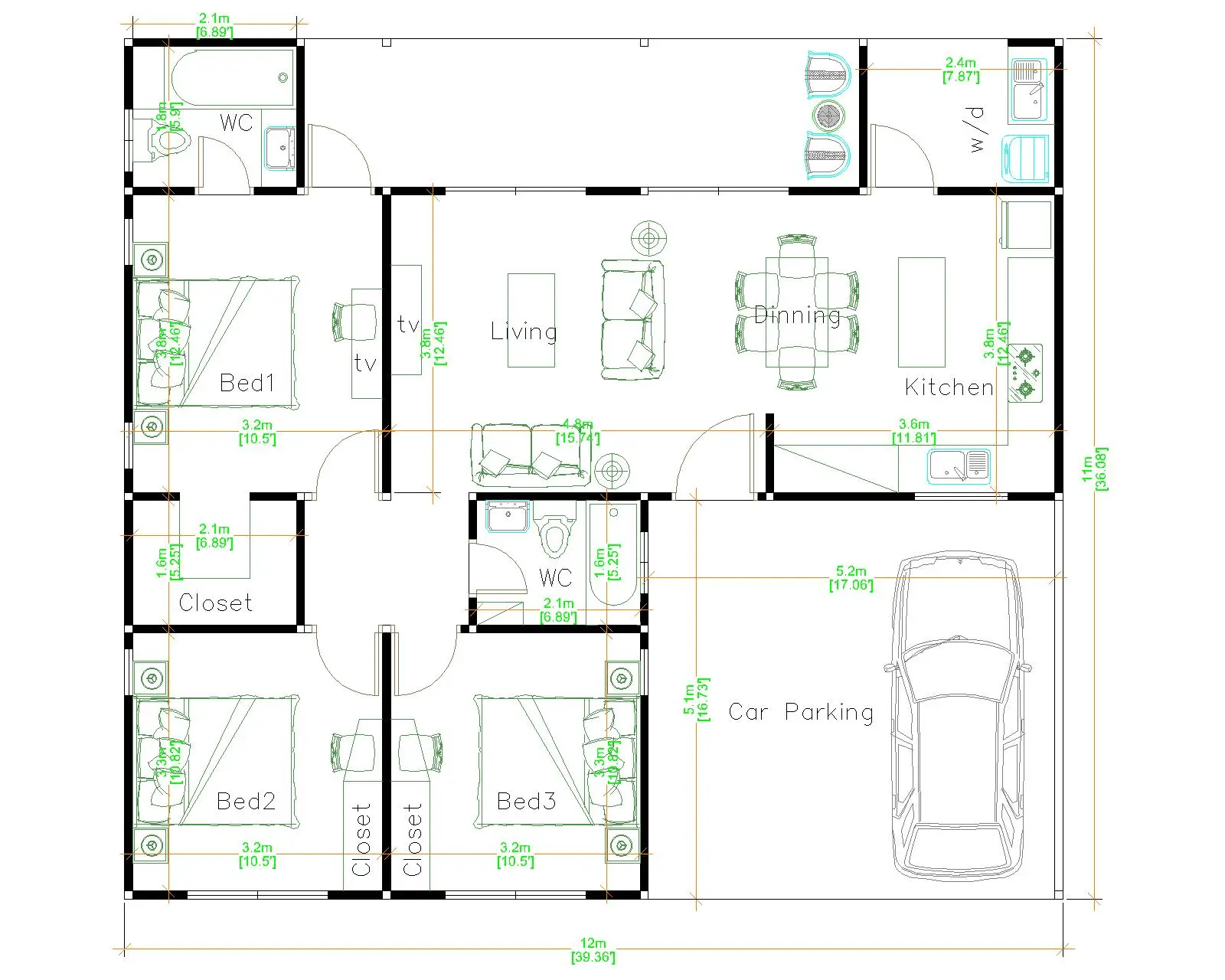 Mặt bằng công năng tham khảo nhà cấp 4 3 phòng ngủ mái tôn