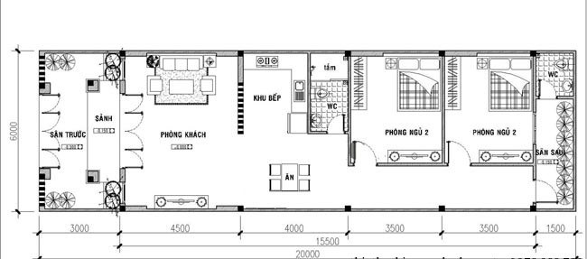 Mặt bằng nhà ống 5x15m ưu tiên giao thông ngắn và bố trí khoảng lấy sáng ở khu vực giữa nhà