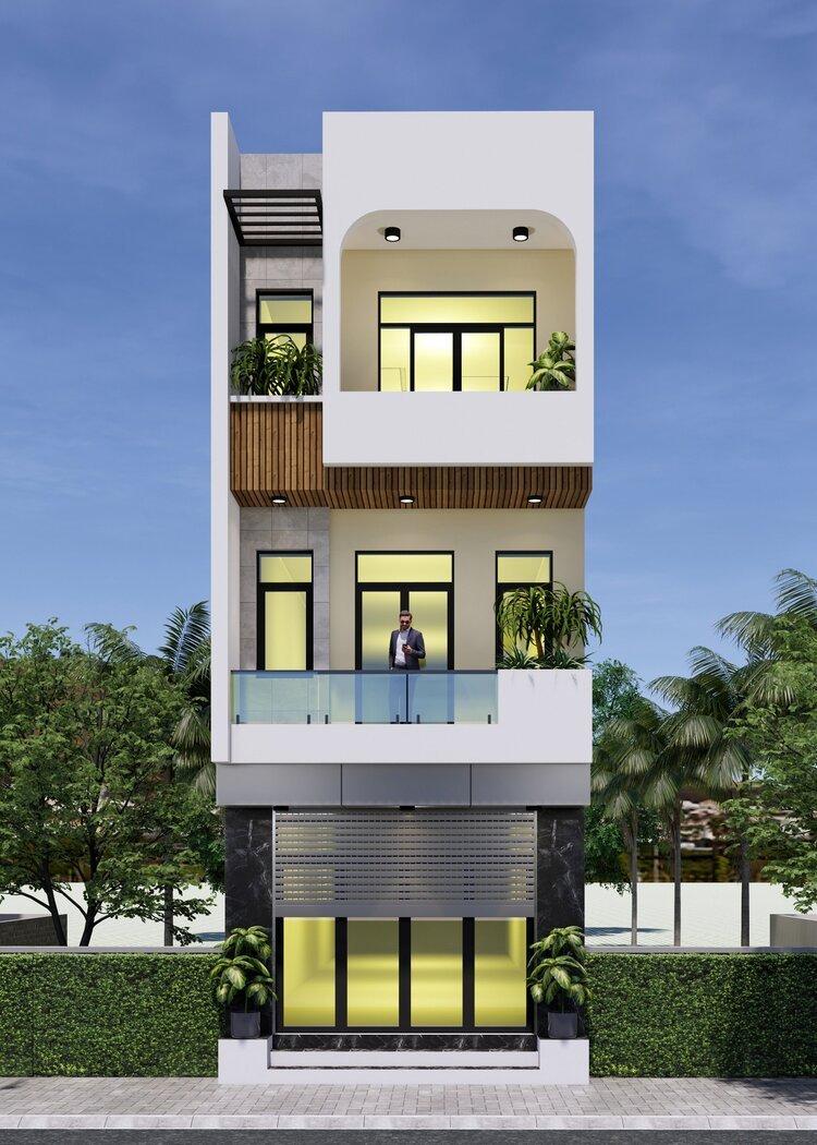 Mặt tiền nhà ống đẹp 3 tầng, thiết kế mái bằng đơn giản, hiện đại