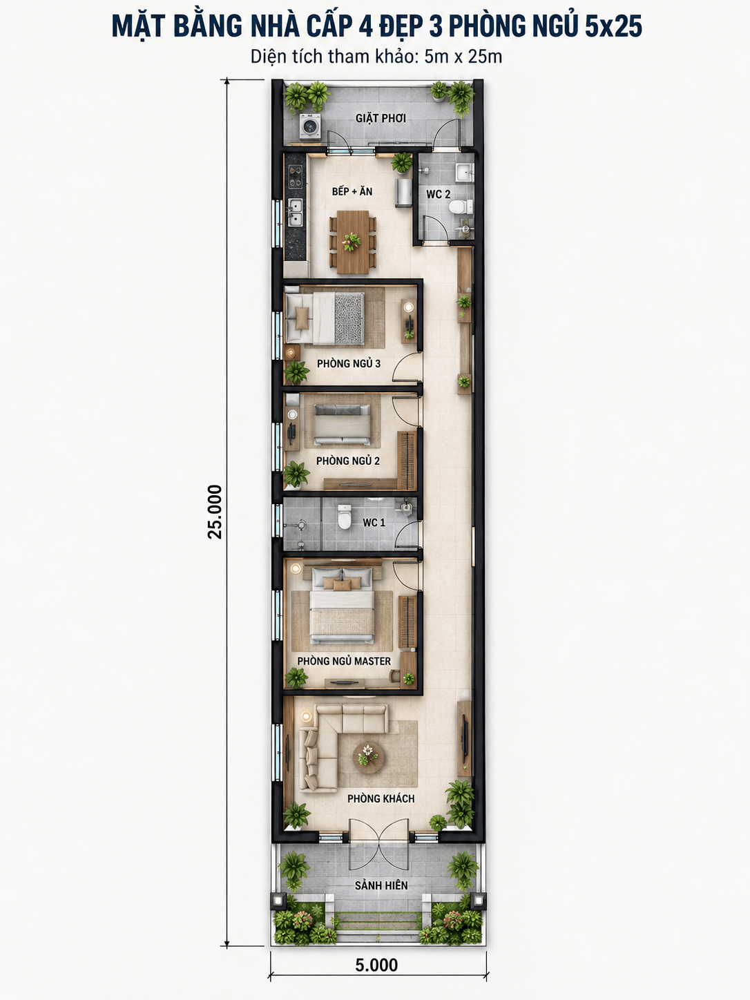 Mẫu bản vẽ nhà cấp 4 5x25m 3 phòng ngủ đơn giản, tiện nghi