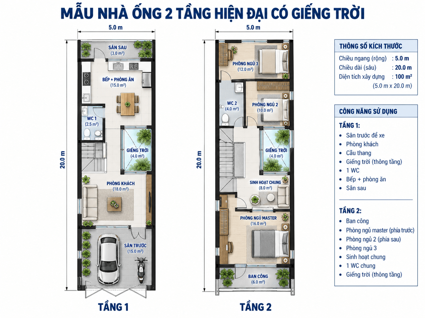Mẫu bản vẽ nhà ống 2 tầng có giếng trời và tiểu cảnh