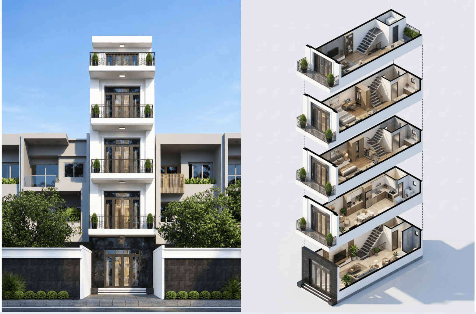 Mẫu bản vẽ nhà ống 4 tầng 5m mái bằng hiện đại