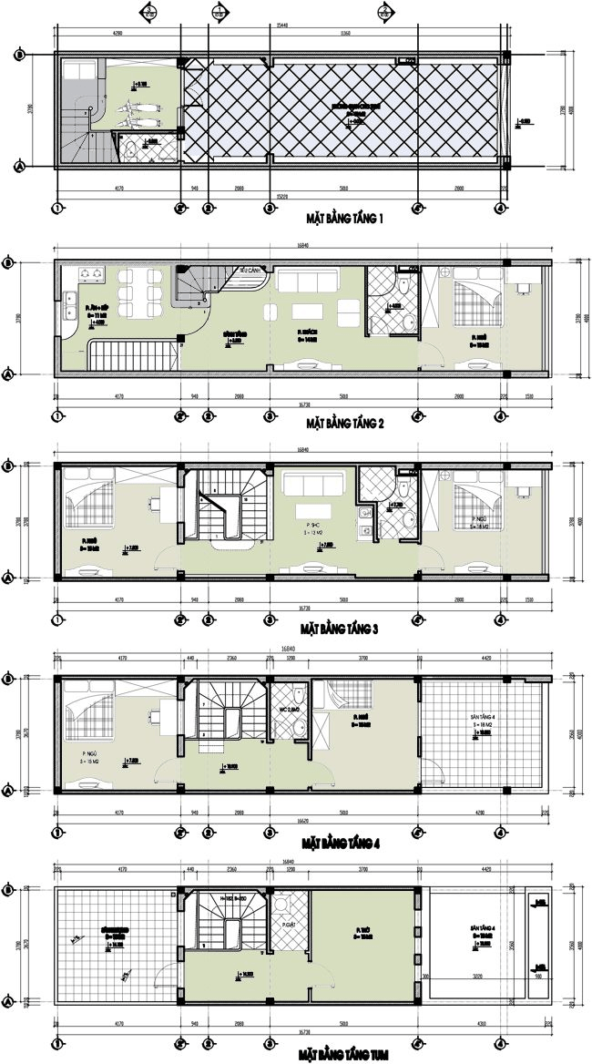 Mẫu bản vẽ nhà ống 5 tầng 5x20m 4 phòng ngủ