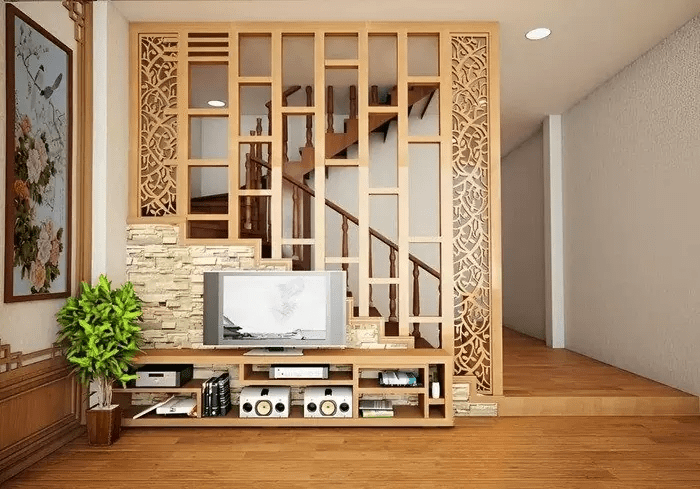Mẫu kệ gỗ làm vách phòng khách sang trọng, đẳng cấp