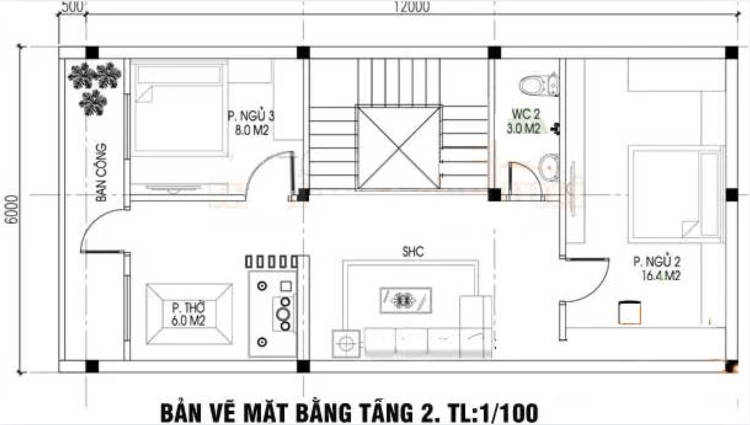 Mẫu nhà 2 tầng 6x12m 3 phòng ngủ