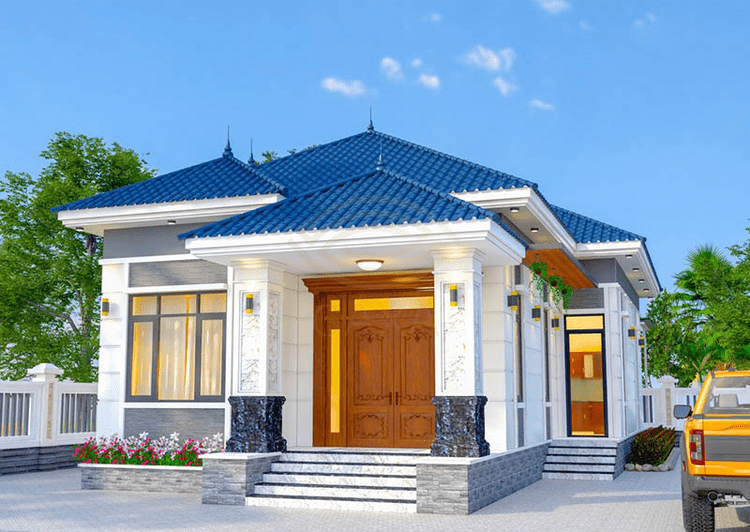 Mẫu nhà 3 gian mái nhật thiết kế 1 tầng đẹp có lắp đặt trần thạch cao chìm, mặt tiền vân đá tinh tế