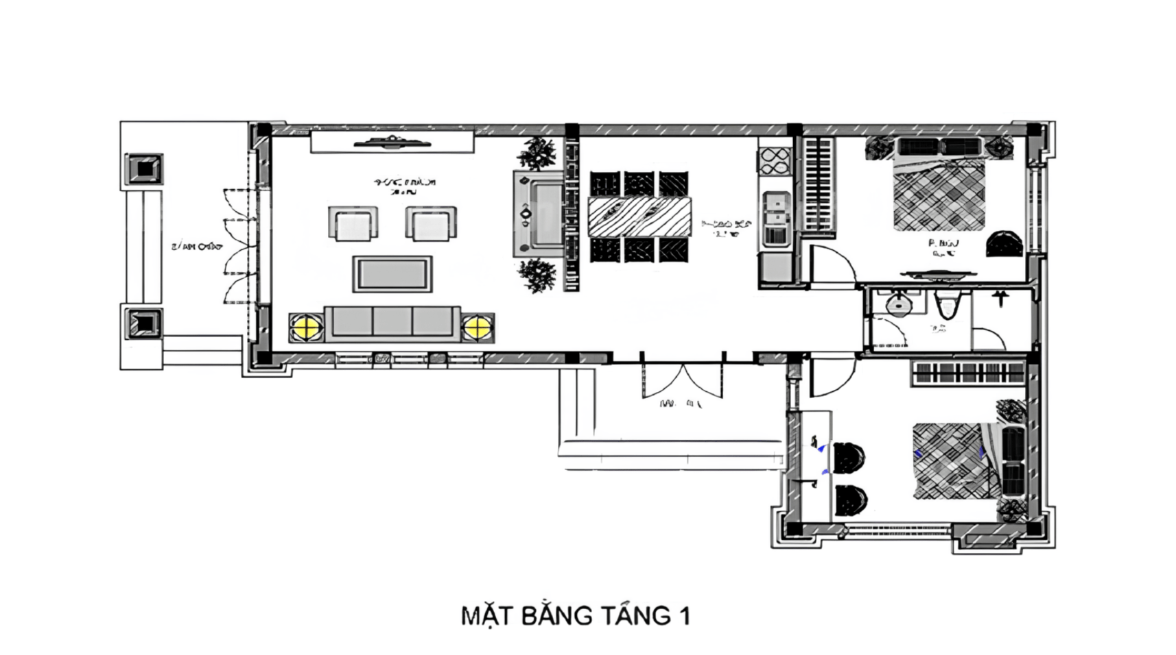 Mẫu nhà cấp 4 chữ L 2 phòng ngủ có 2 góc sảnh ngoài rộng rãi 