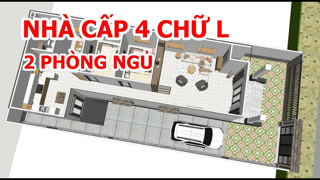 Mẫu nhà cấp 4 chữ L 2 phòng ngủ có không gian sinh hoạt chung lớn 