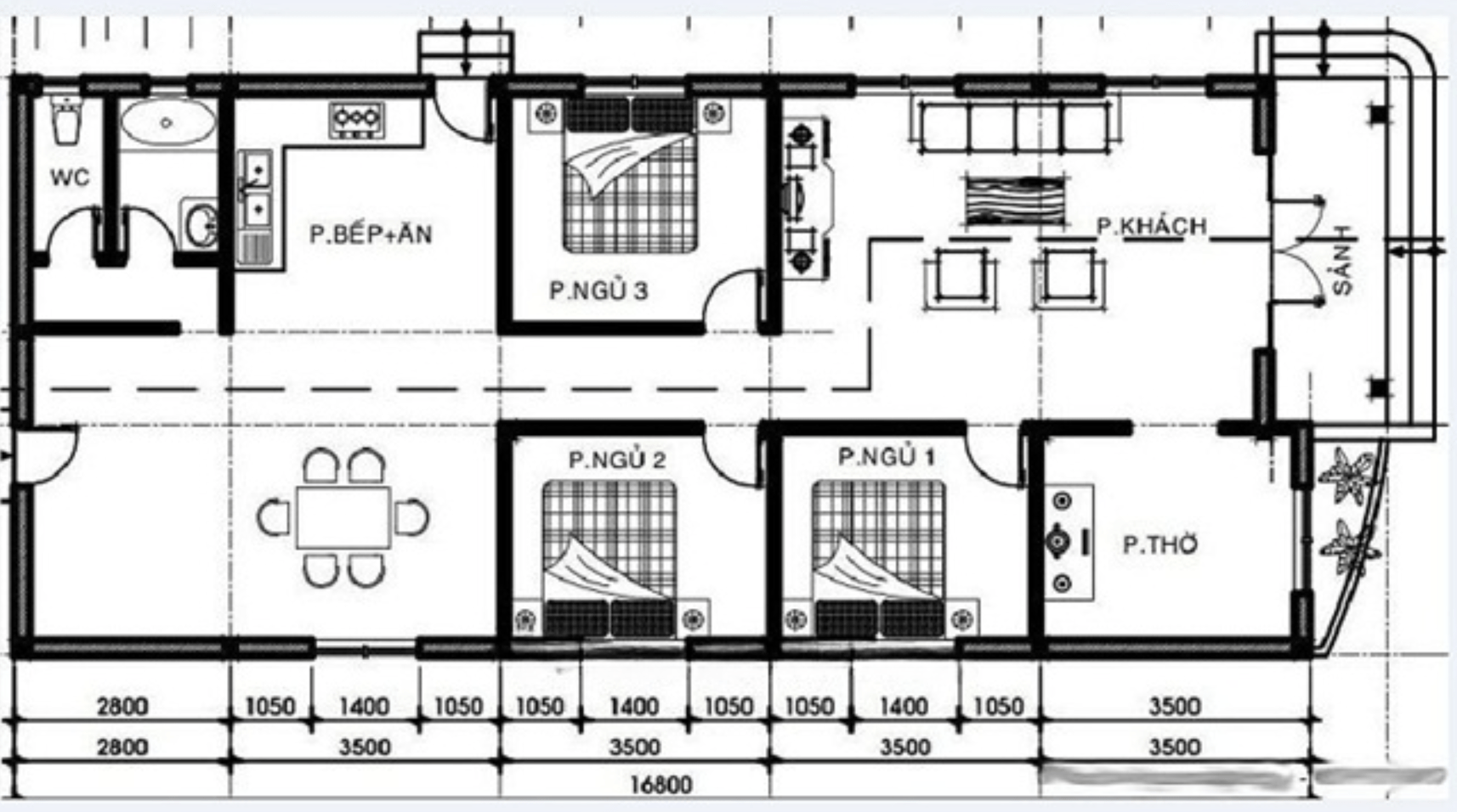 Mẫu nhà cấp 4 chữ L 3 phòng ngủ có phòng thờ riêng 