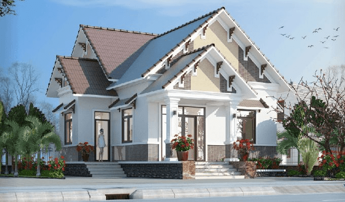 Mẫu nhà cấp 4 chữ L có gác lửng mái Thái ngói nâu
