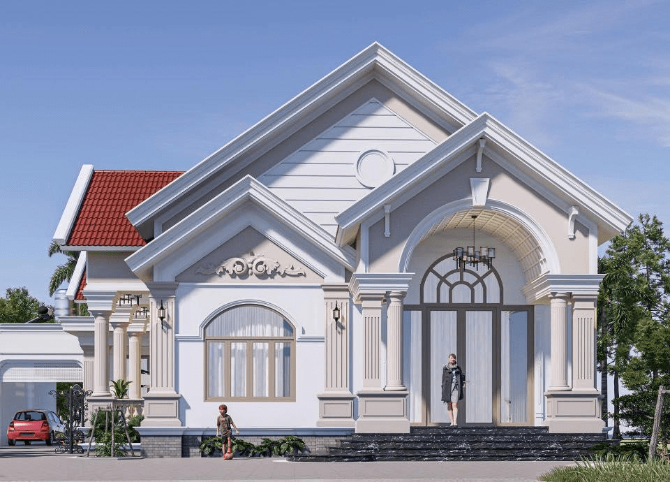Mẫu nhà cấp 4 chữ L có gác lửng và hệ cột trụ vững chắc ngoài sảnh chính - phụ