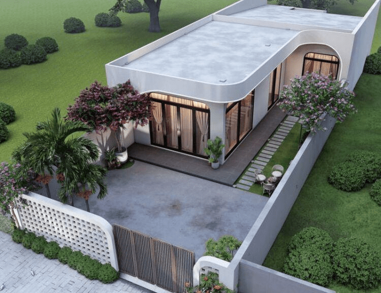 Mẫu nhà cấp 4 chữ L mái bằng 3 phòng ngủ phong cách tân cổ điển