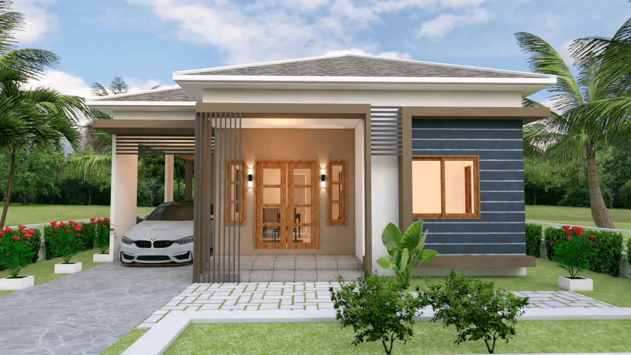 Mẫu nhà cấp 4 chữ L mái Thái 3 phòng ngủ có gara