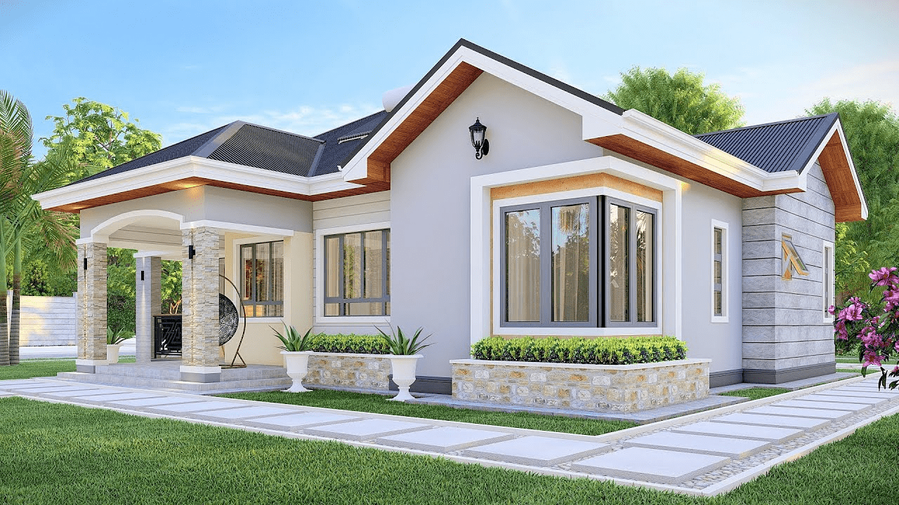 Mẫu nhà cấp 4 chữ L mái Thái 4 phòng ngủ với kết cấu rộng rãi