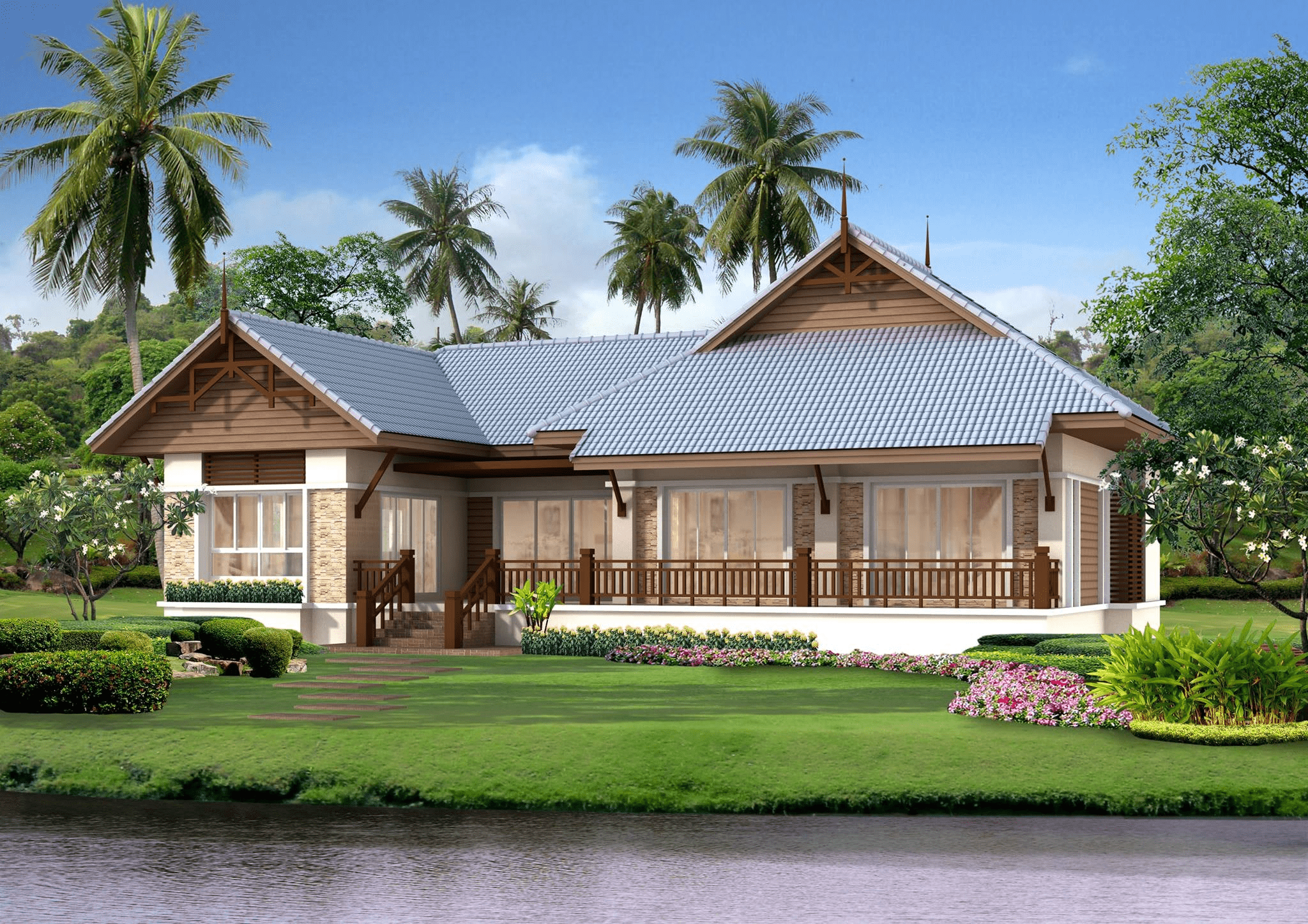 Mẫu nhà cấp 4 chữ L mái Thái thiết kế phòng khách liền bếp tiện lợi