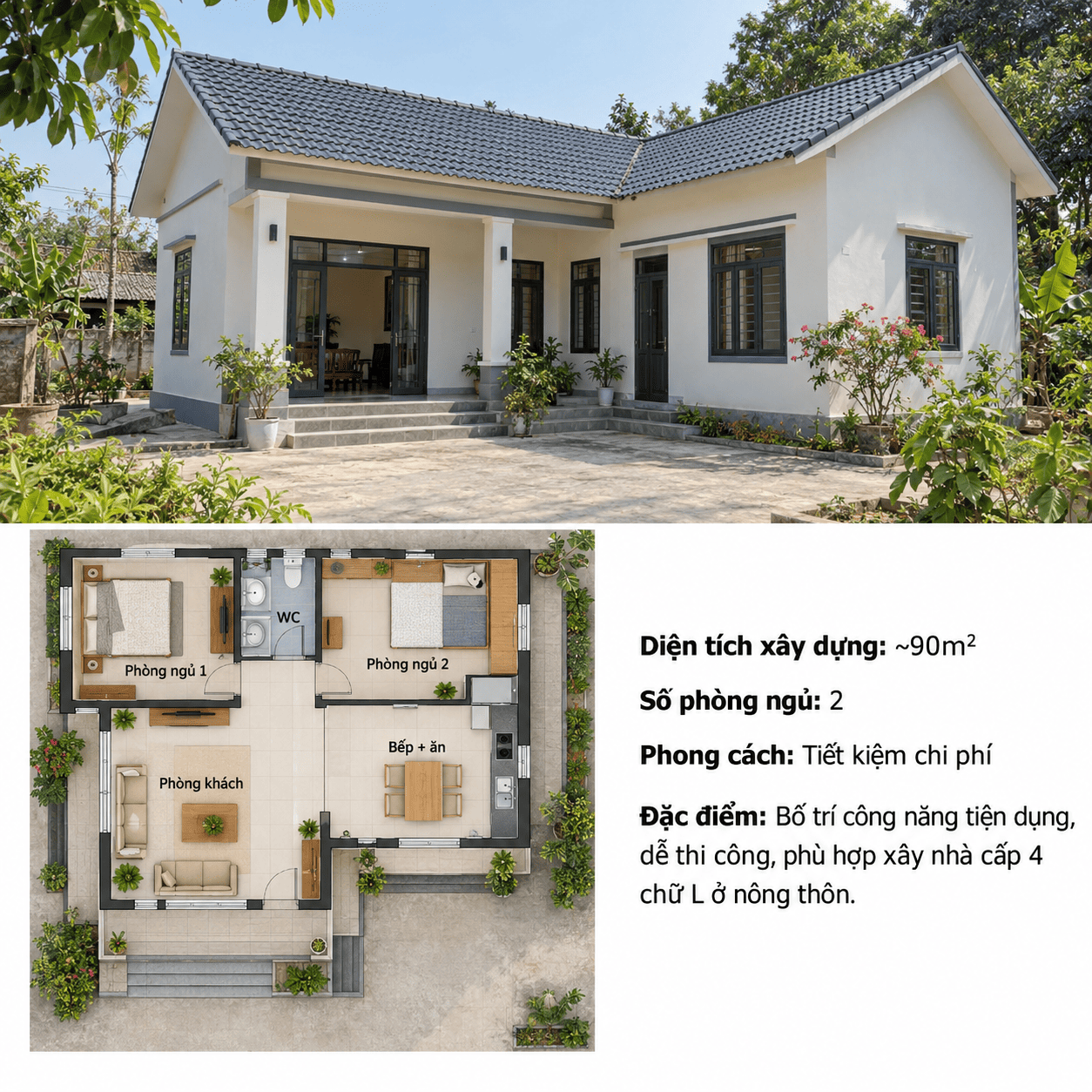 mẫu nhà cấp 4 chữ L nông thôn tiết kiệm chi phí