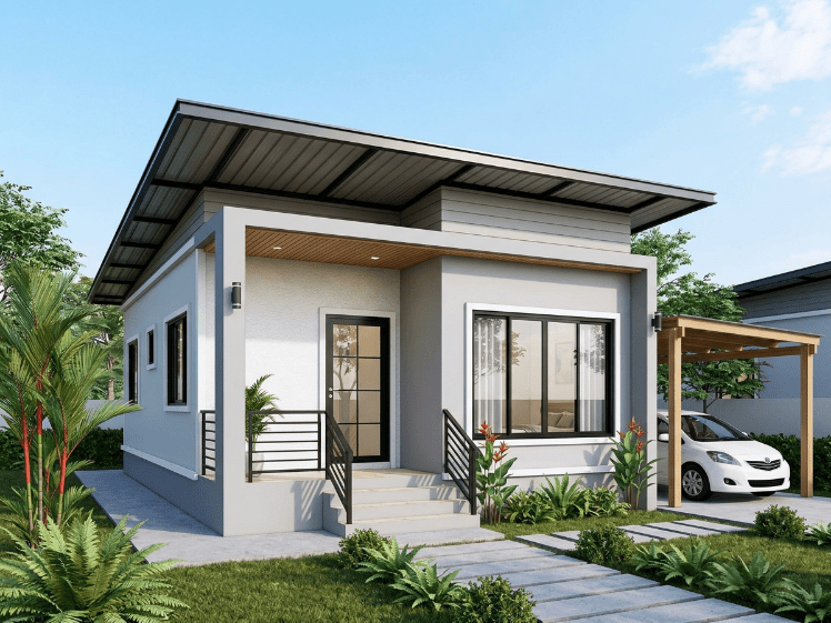 Mẫu nhà cấp 4 đẹp 300 triệu, với thiết kế mái lệch, phong cách hiện đại trẻ trung