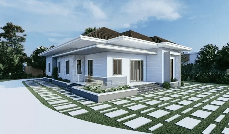 Không gian sân vườn rộng rãi của mẫu nhà cấp 4 đẹp, hiện đại