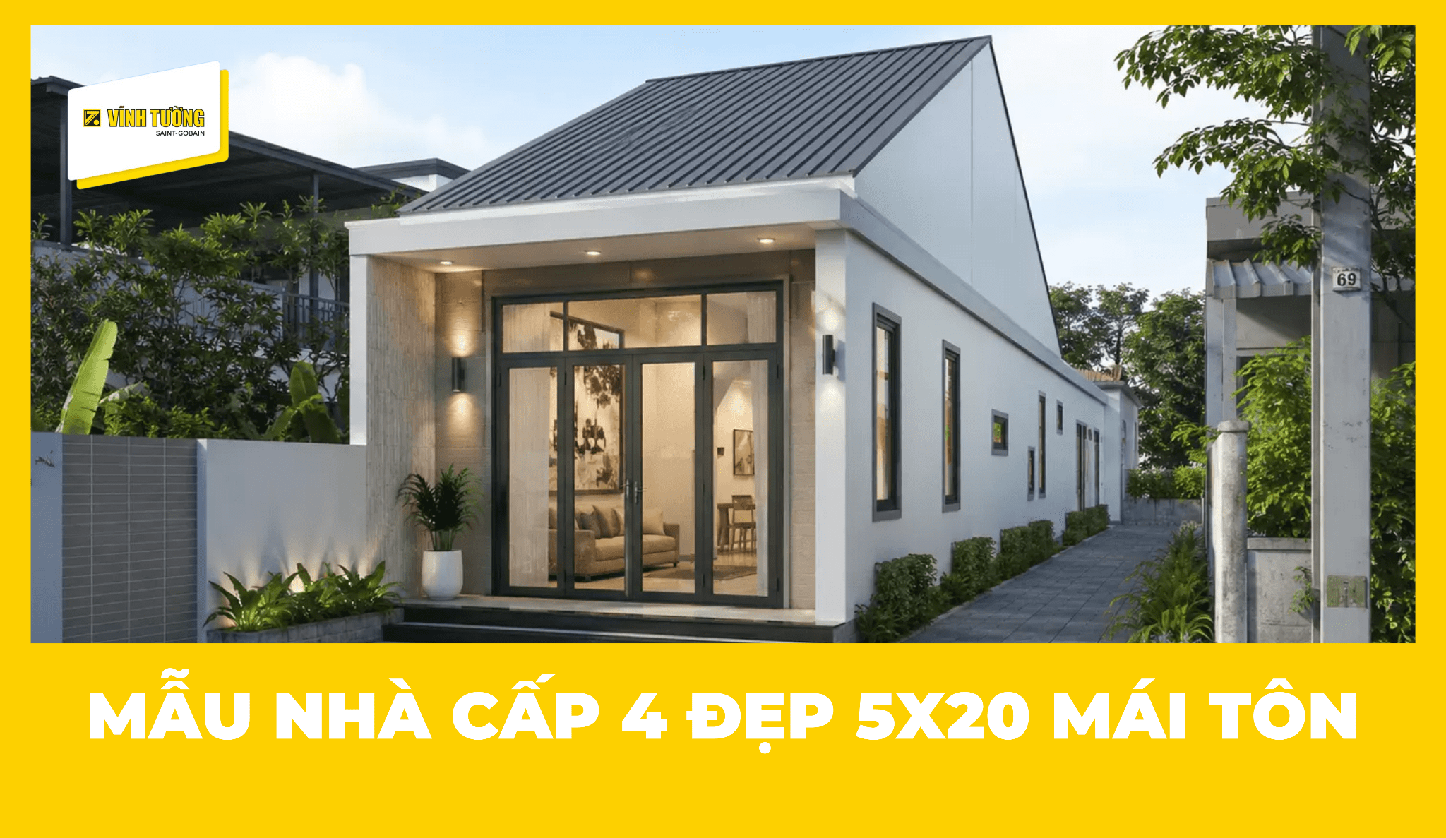 Mẫu nhà cấp 4 đẹp 5x20 mái tôn
